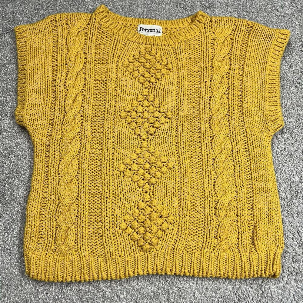 Vintage Personal Knit Sweater Vest Yellow Cable Pullover L Made in Korea